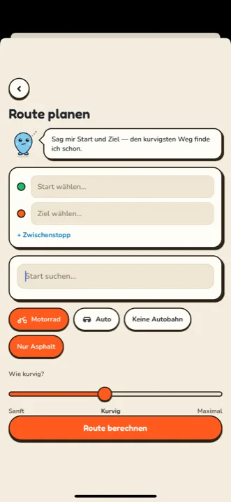 Routenplaner in der Kurrvo-App mit dem Kurvigkeits-Regler